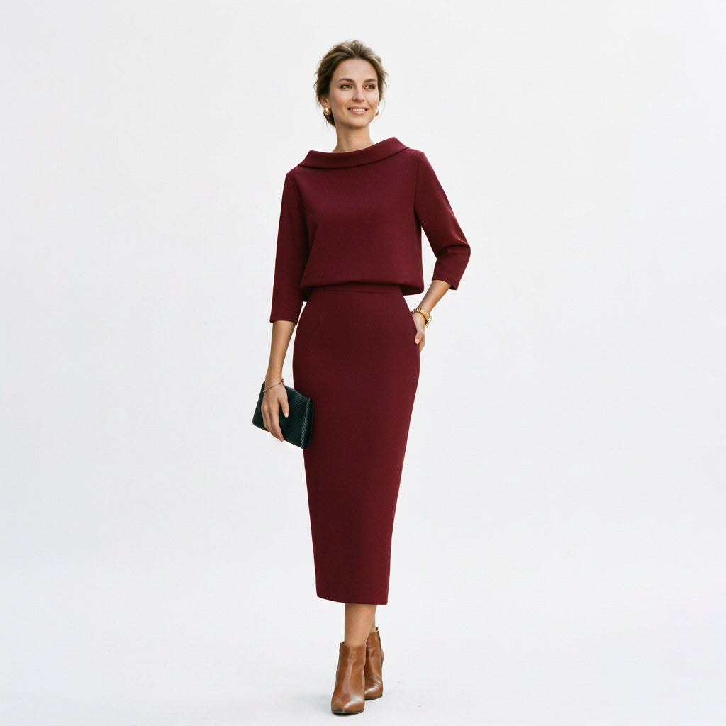 Calista - Elegant Boat Neck Top and Midi Skirt Set