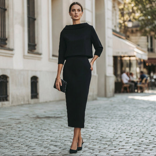 Calista - Elegant Boat Neck Top and Midi Skirt Set