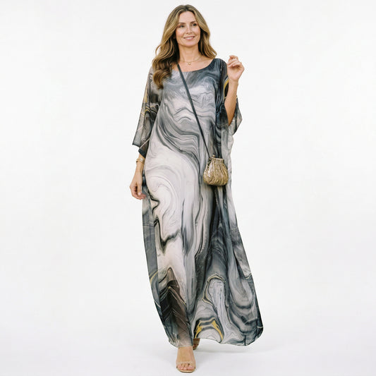 Elegant Chiffon Maxi Dress for Women - Flowing Long Dress with Soft Golden Hue