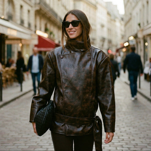Oversized Brown Faux Leather Jacket for Autumn and Winter