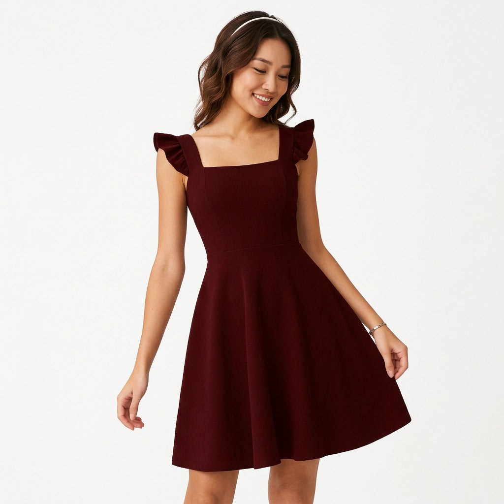 Women's Fit & Flare Mini Dress with Ruffle Straps OLENOVA Women's Fit & Flare Mini Dress with Ruffle Straps OLENOVA