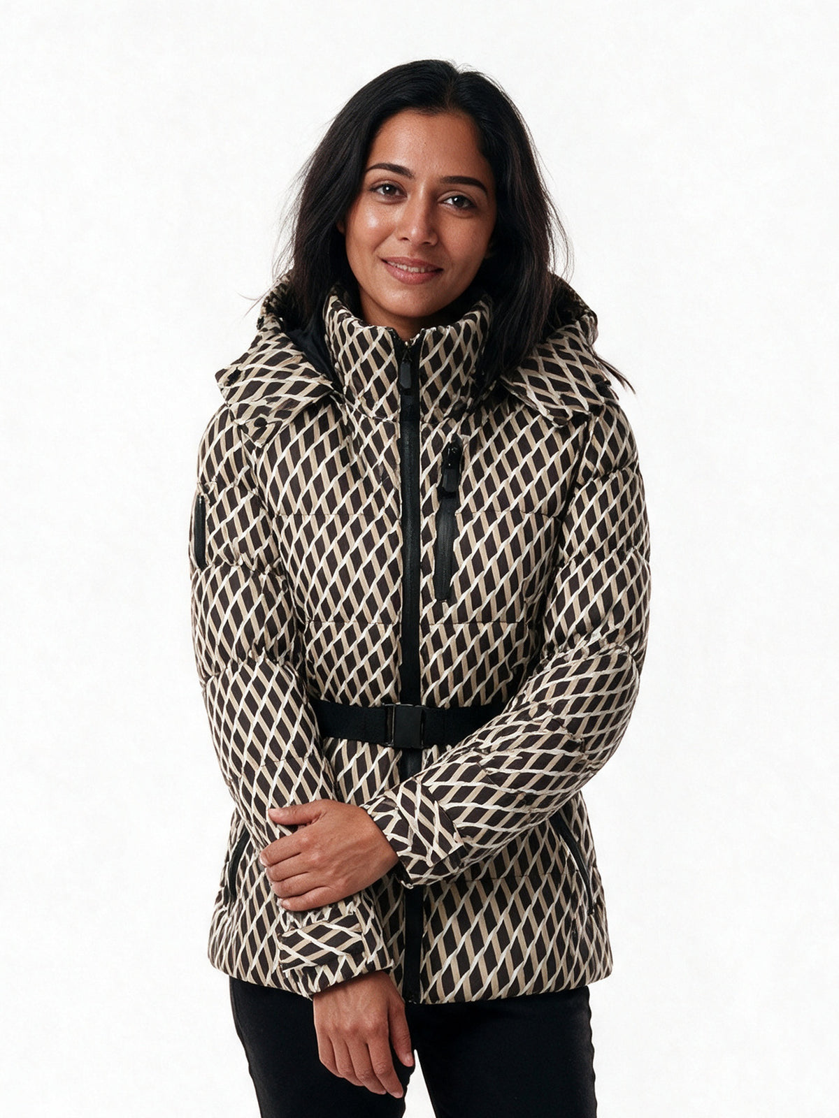 Amelia - Stylish Quilted Winter Jacket with Hood and Belt - Ivory