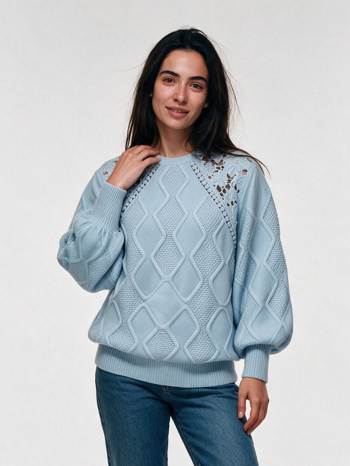 Annabel - Women's Openwork Shoulder Cable Knit Sweater - Light Blue