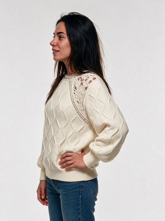 Annabel - Women's Openwork Shoulder Cable Knit Sweater - view 2