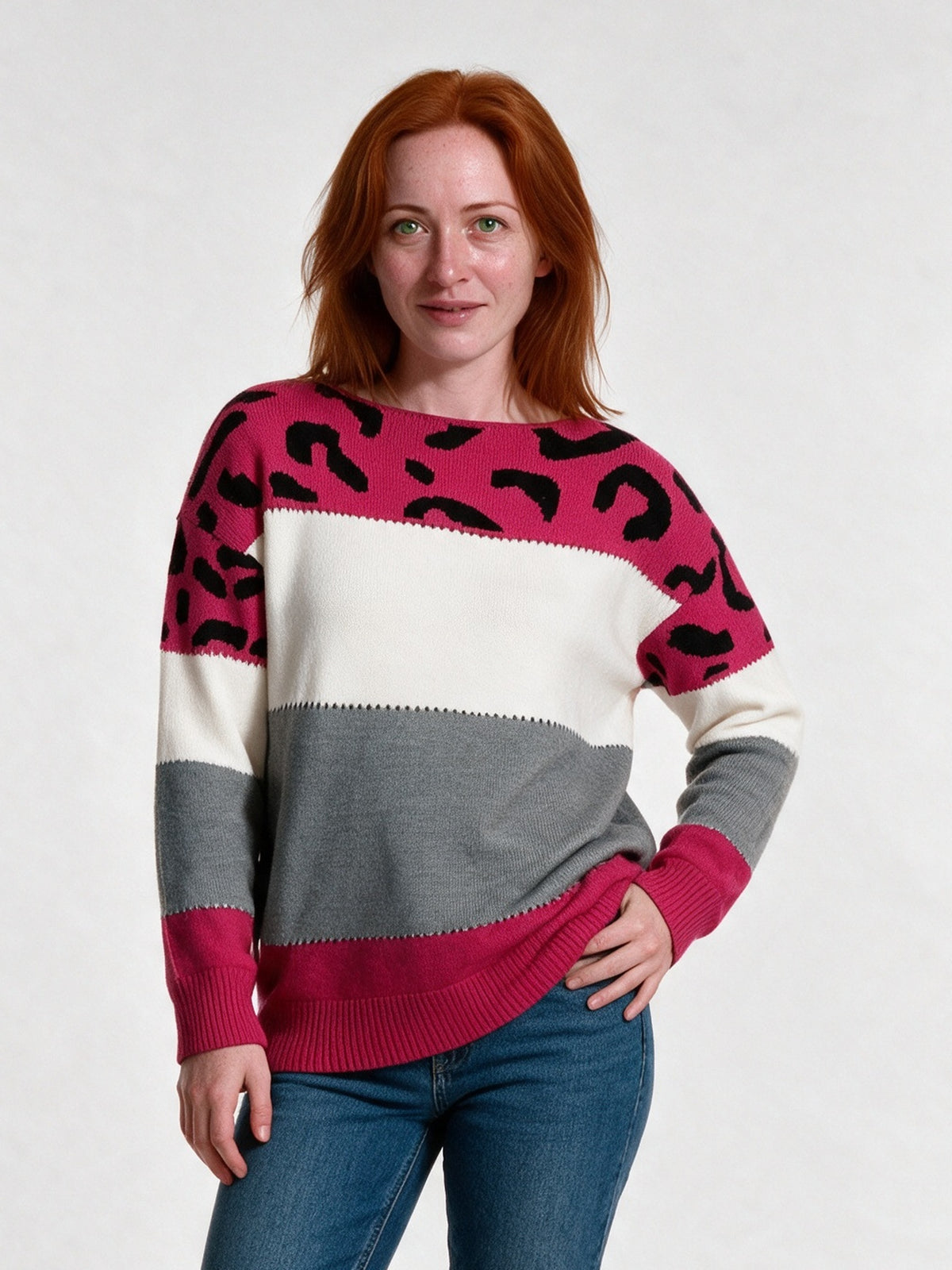 Brielle - Women's Leopard Yoke Color Block Pullover - Hot Pink