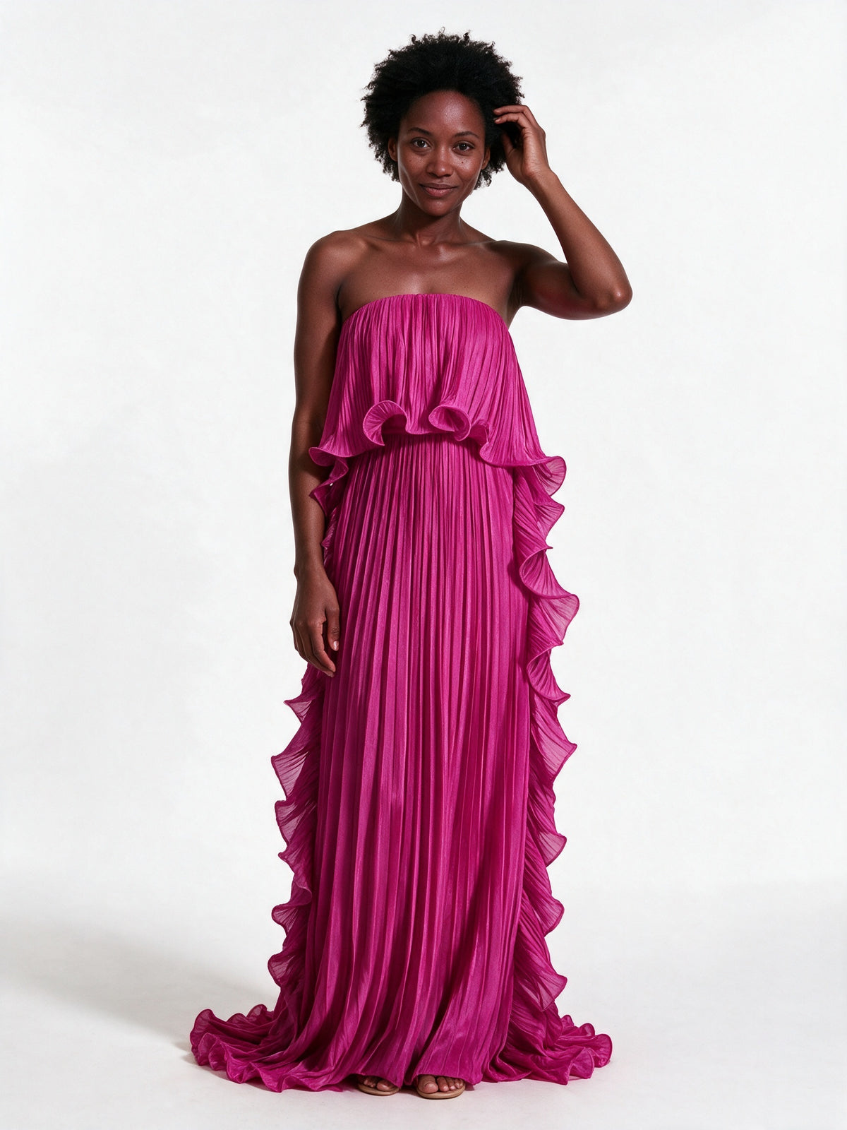 Calliope - Strapless Pleated Frill Maxi Dress - Fuchsia