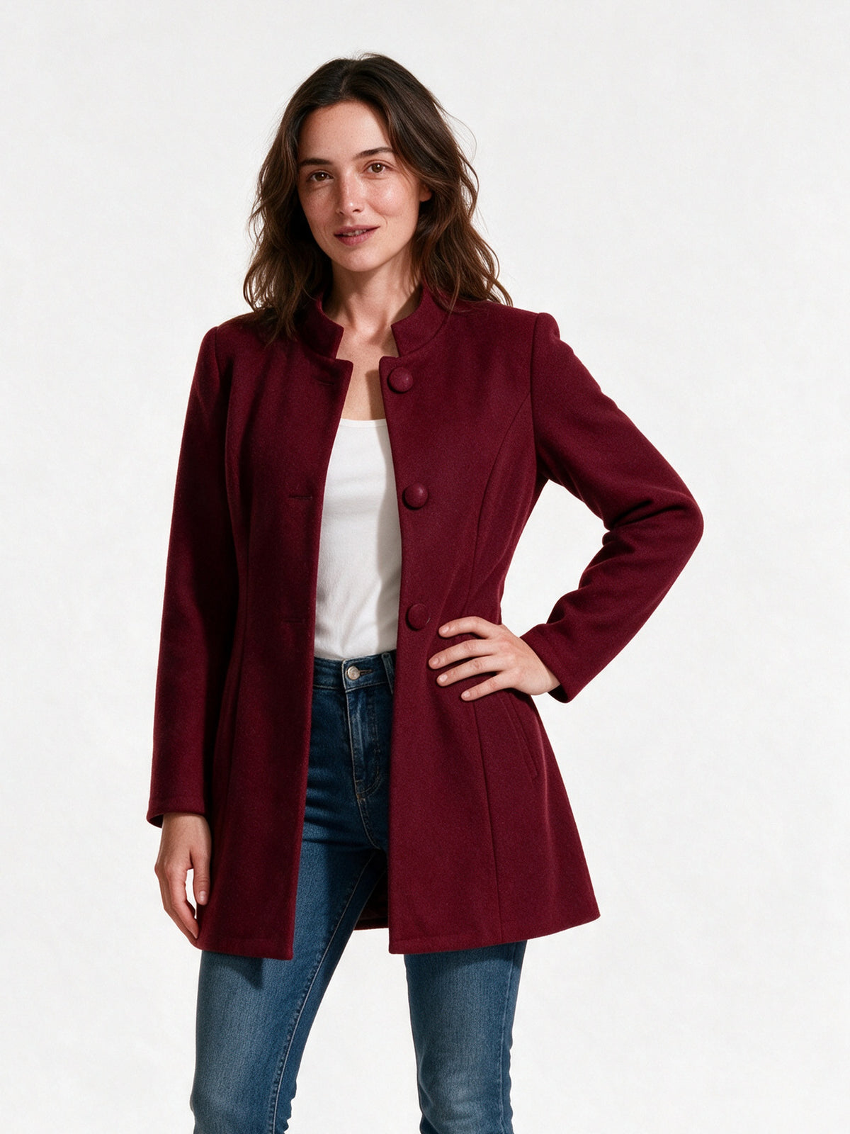 Clara - Women's Stand Collar Button Front Coat - Red