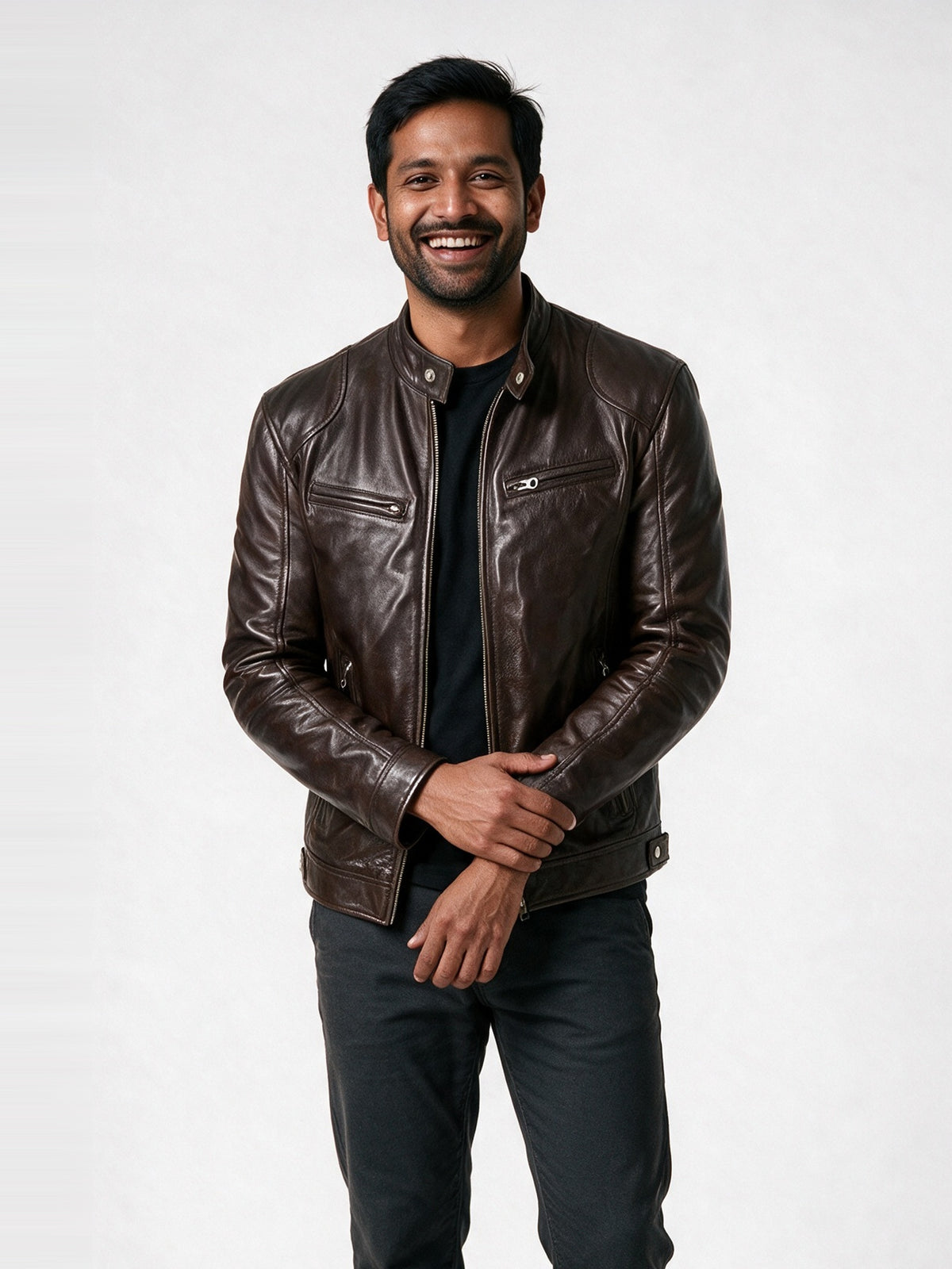 Dante - Men's Stand Collar Zip Biker Jacket - Dark Brown