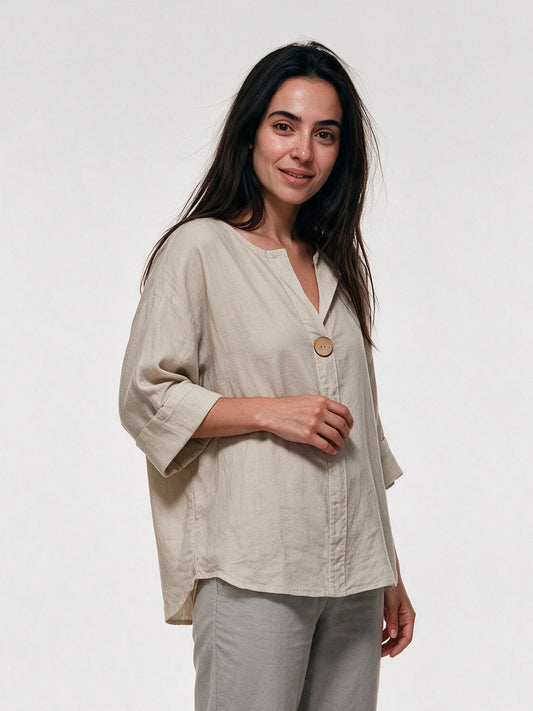 Elin - Women's Relaxed V-Neck Blouse with Single Button - view 2