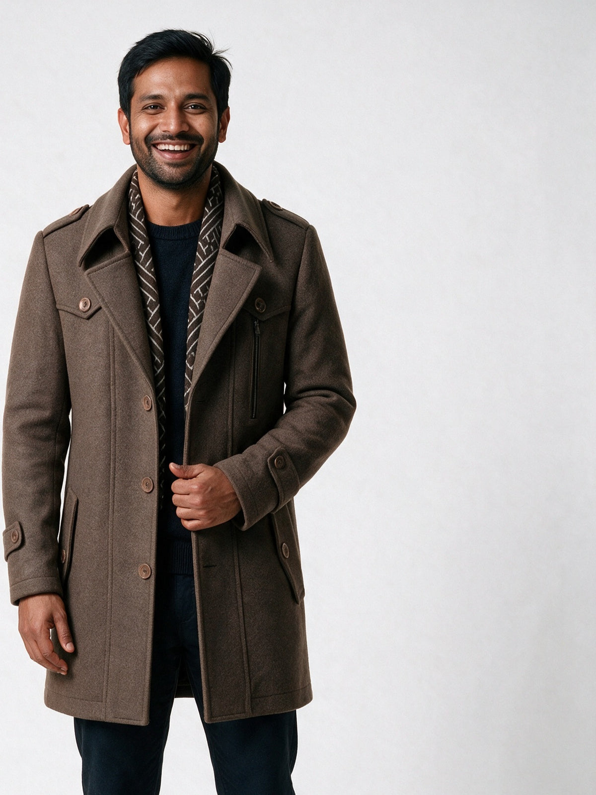 Frederik - Men's Tailored Coat with Built-In Scarf - Taupe
