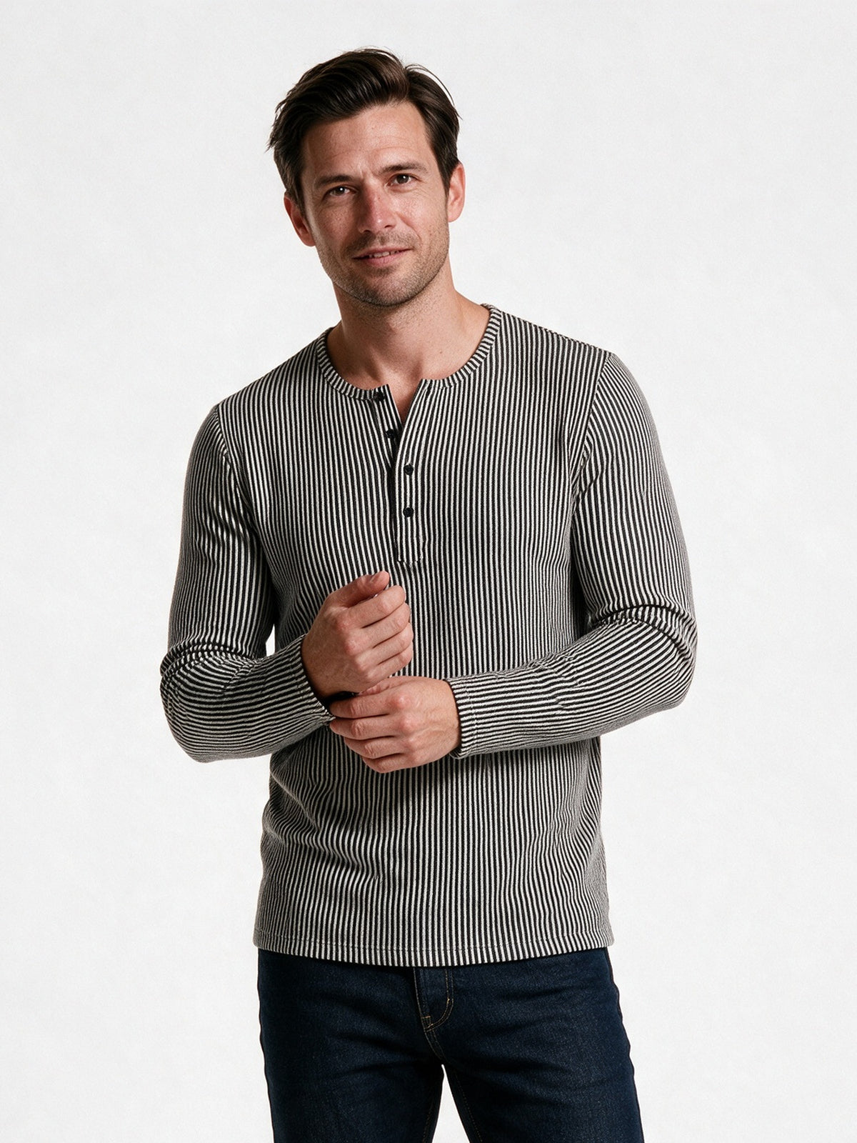 Gideon - Men's Ribbed Henley Long Sleeve Top - Grey Stripe