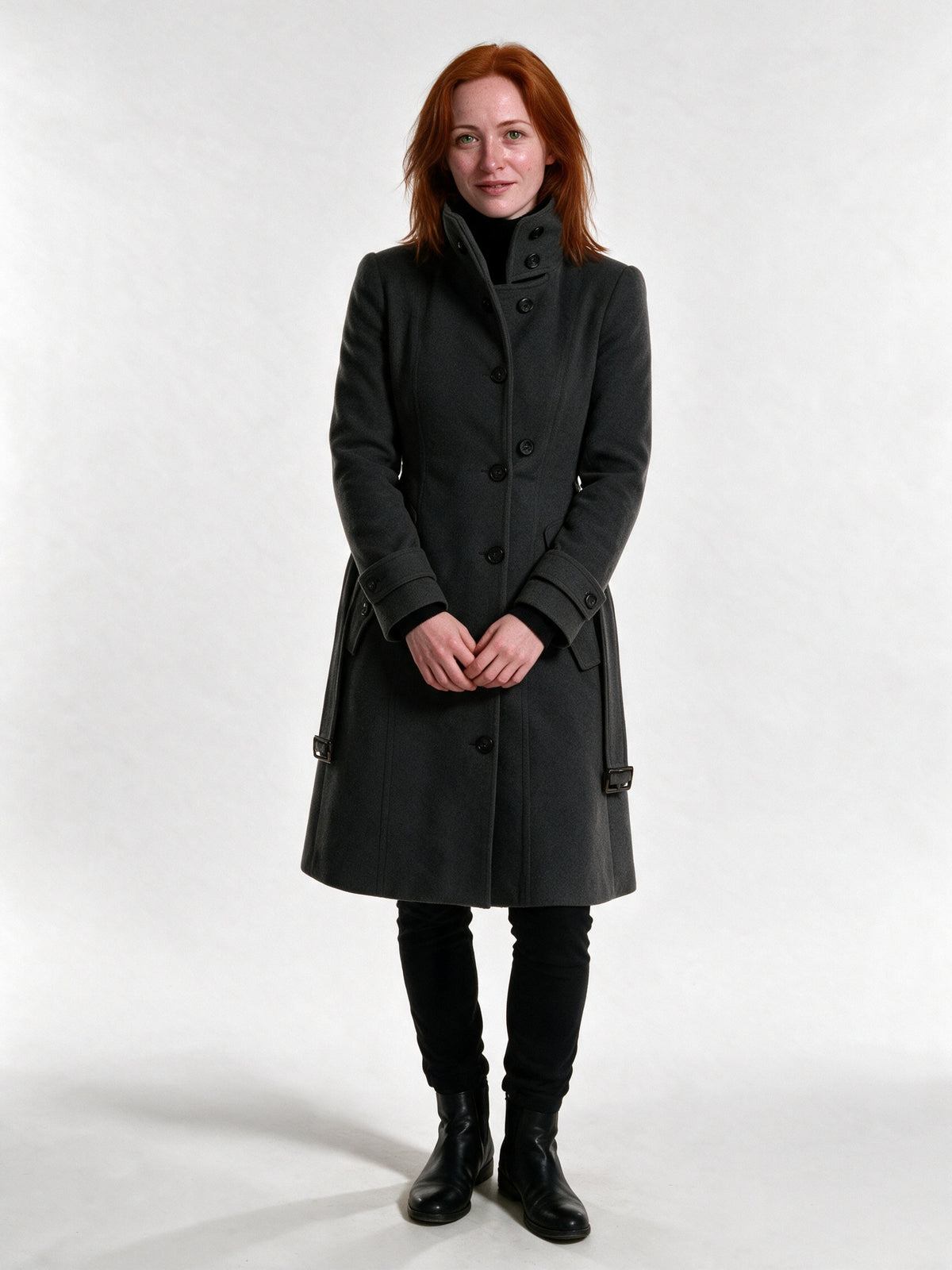 Henriette - Women's Funnel Collar Button Front Coat - Charcoal