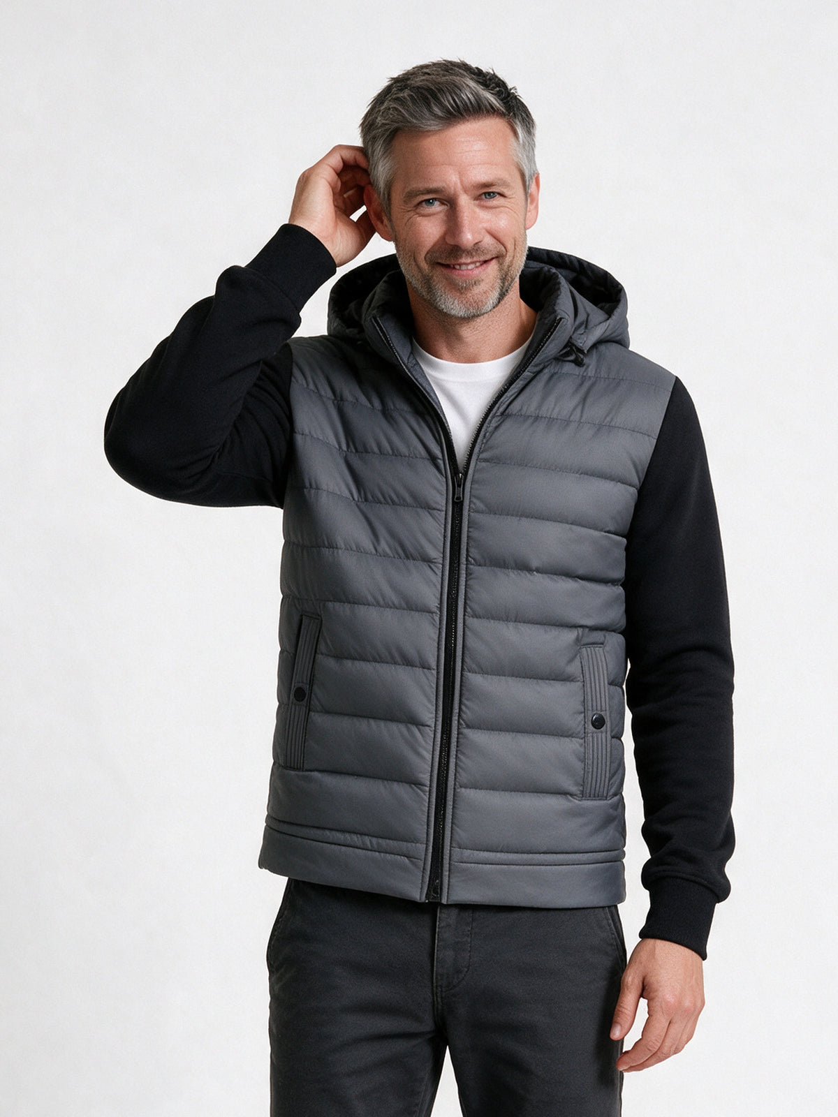 Ivar - Men's Quilted Hooded Jacket with Knit Sleeves - Gray