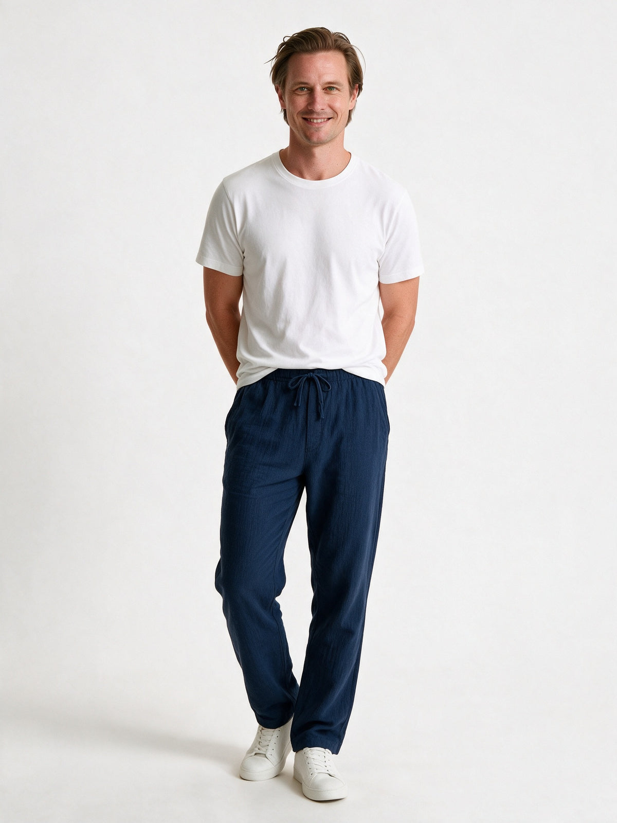 Jonas - Men's Lightweight Relaxed Drawstring Trousers - Navy