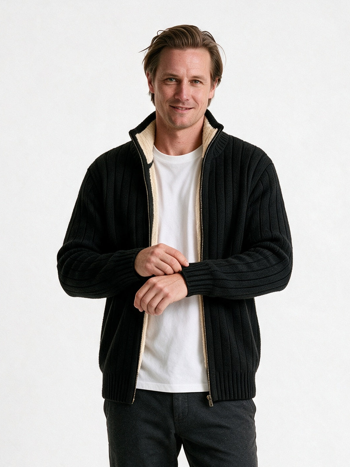 Lachlan - Men's Ribbed Full Zip Cardigan with Stand Collar - Black