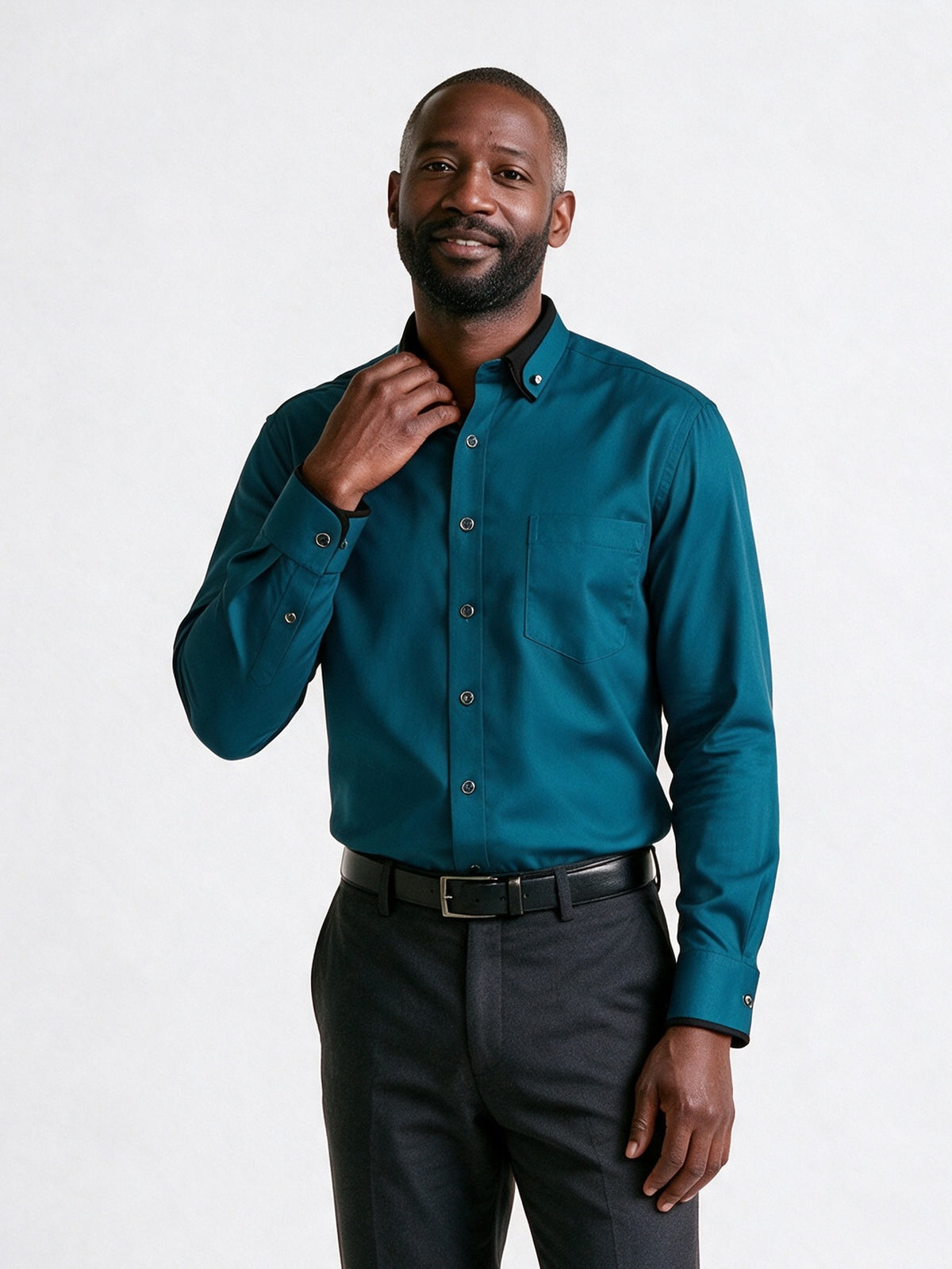 Laurence - Men's Contrast Collar Long Sleeve Dress Shirt - Teal