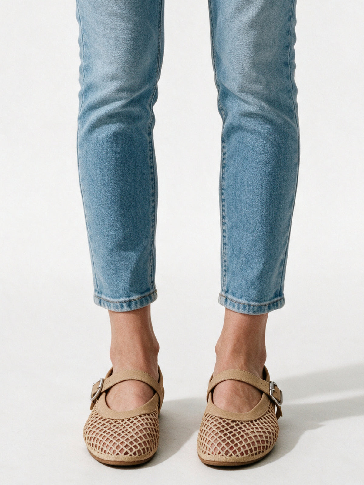 Lilian - Women's Open Net Buckle Strap Ballet Flats - Beige