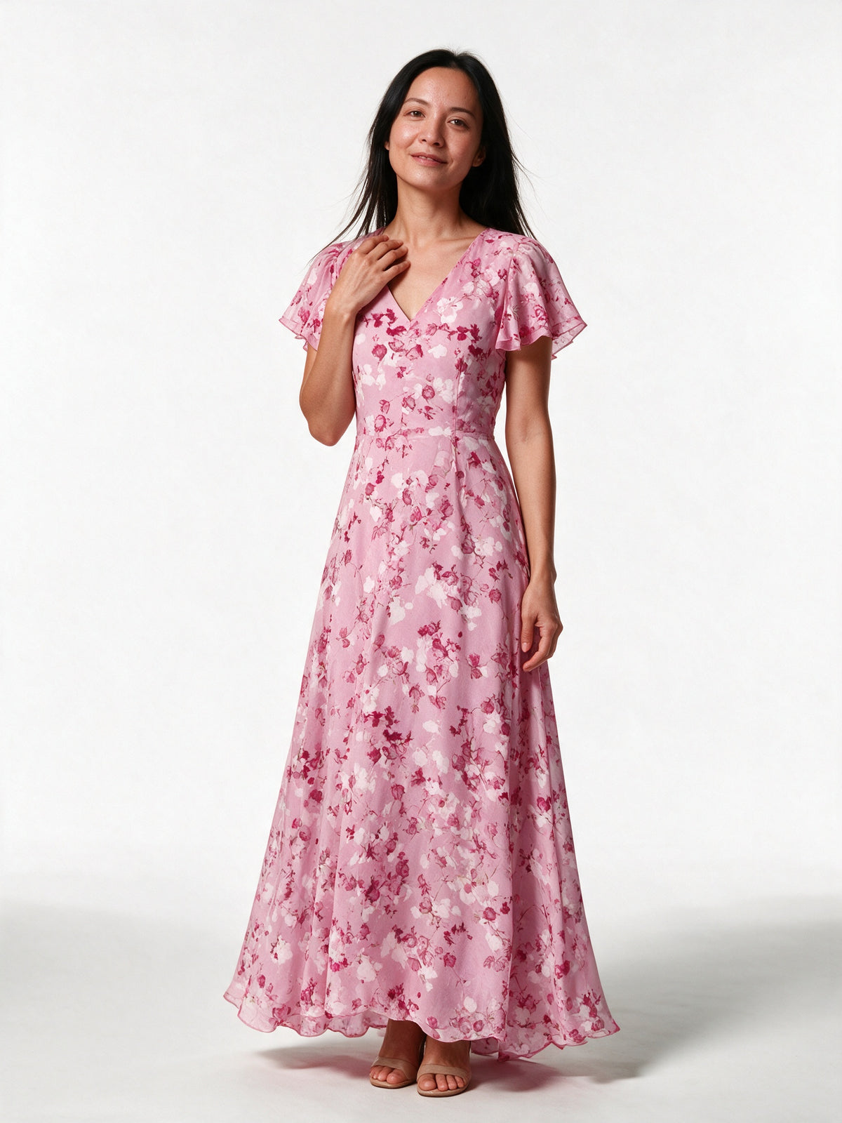 Lola - Floral Flutter Sleeve Maxi Dress for Women - Light Pink