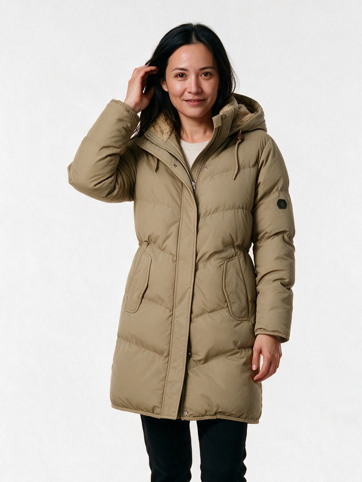 Maraisa - Women's Lined Hooded Quilted Coat with Drawcord Waist - Camel