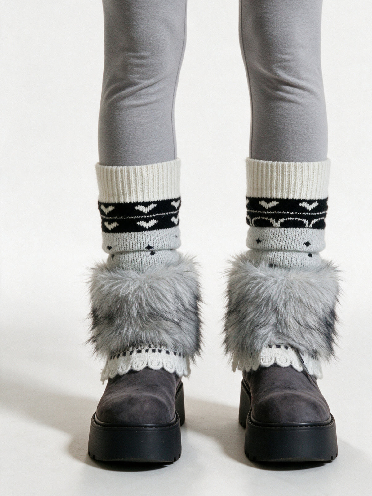 Mette - Women's Platform Boots with Fluffy Leg Warmers - Black and Grey