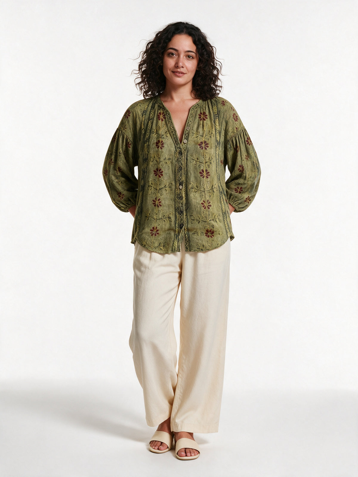 Mykayla - Leaf Print Button Front Blouse with Trimmed Neckline - Green