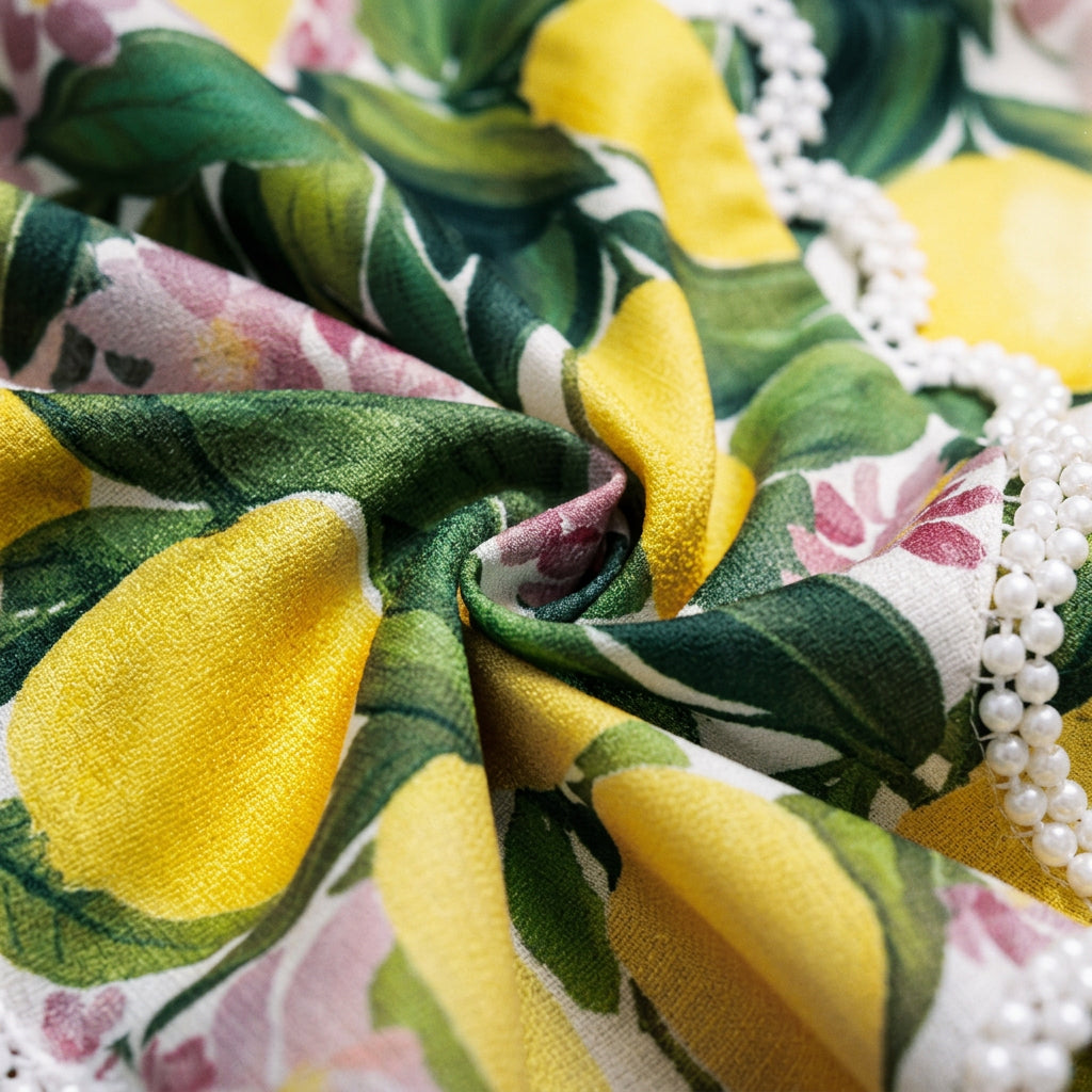 Drape test of Naomi lightweight tropical print dress fabric with pearls