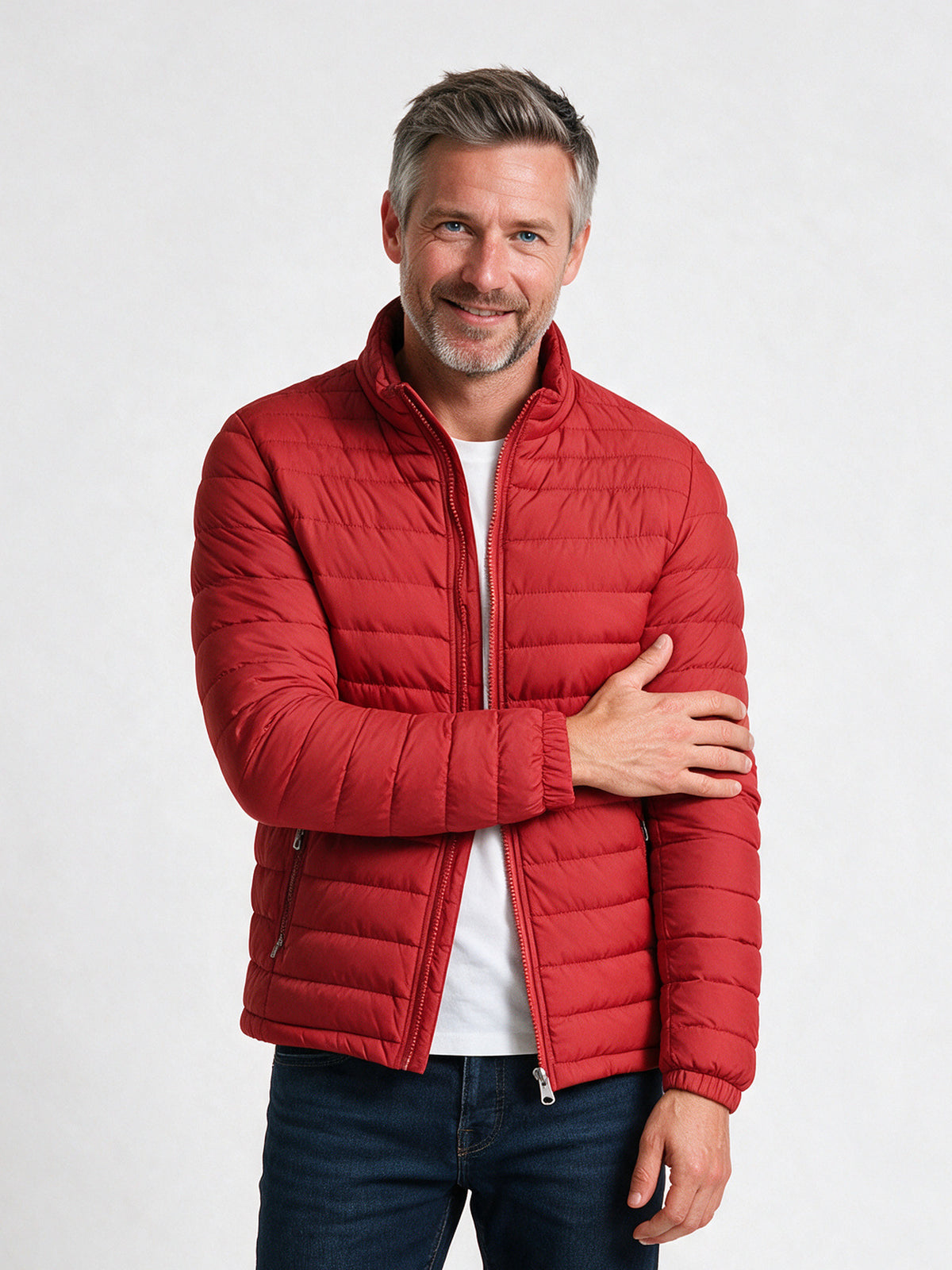 Nils - Men's Stand Collar Quilted Puffer Jacket - Red