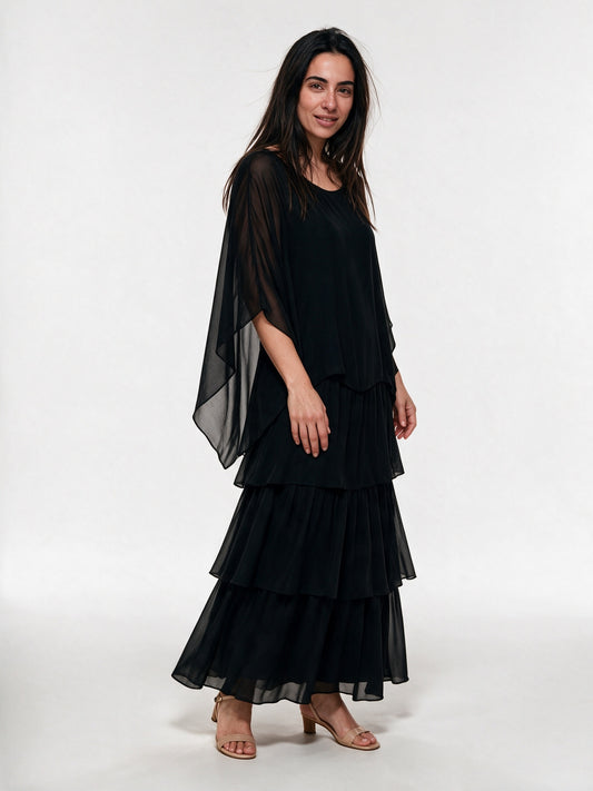 Ondine - Tiered Maxi Dress with Flowing Cape Overlay - view 2