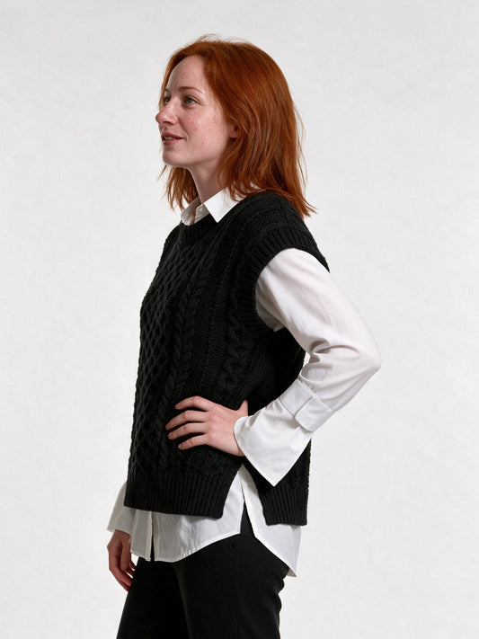 Oona - Women's Cable Knit Sweater Vest with Side Slits - view 2