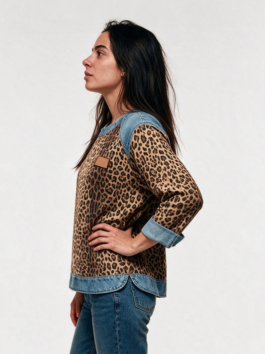 Petra - Women's Leopard Print Contrast Trim Pullover - view 2
