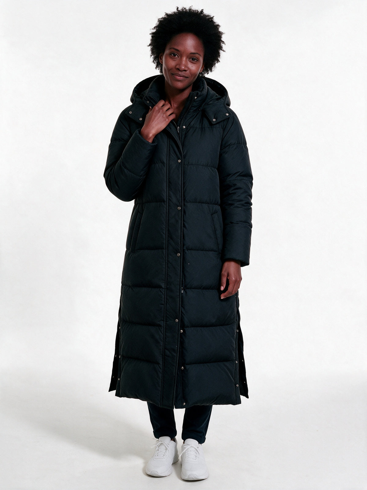 Peyton - Women's Maxi Hooded Quilted Puffer Coat - Black