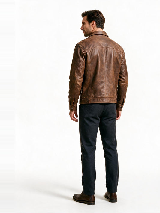 Back view of the brown leather trucker jacket showing the yoke, sleeve set and waistband