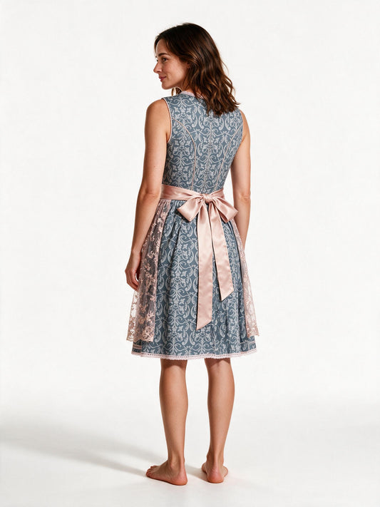 Blue-grey damask dirndl, back view showing the blush satin sash bow