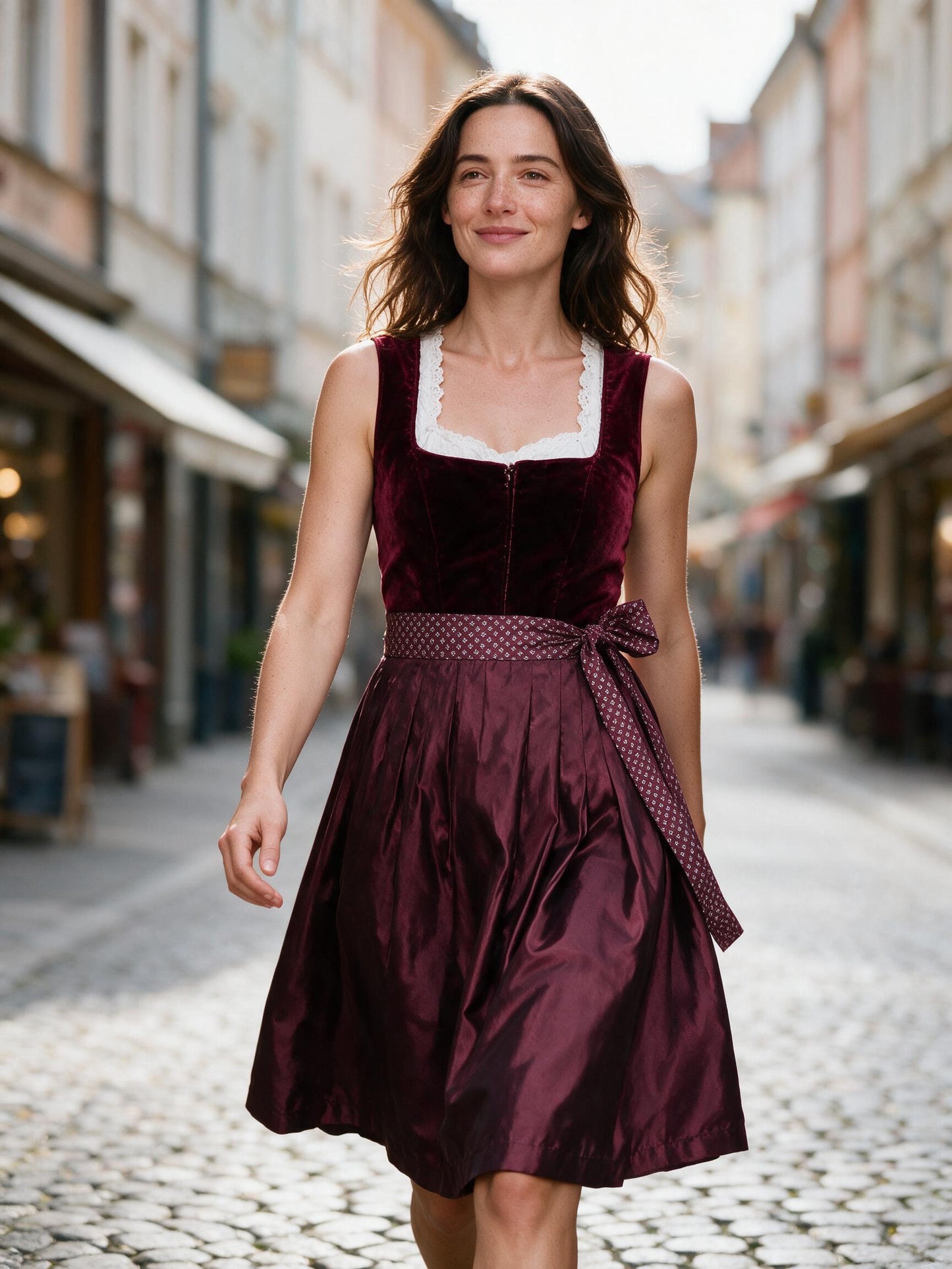 Woman walking through a Munich old-town street in the burgundy dirndl