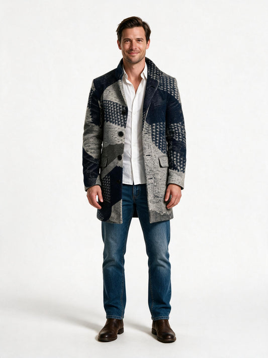 Men's tailored wool overcoat in dark blue and grey patchwork, front view