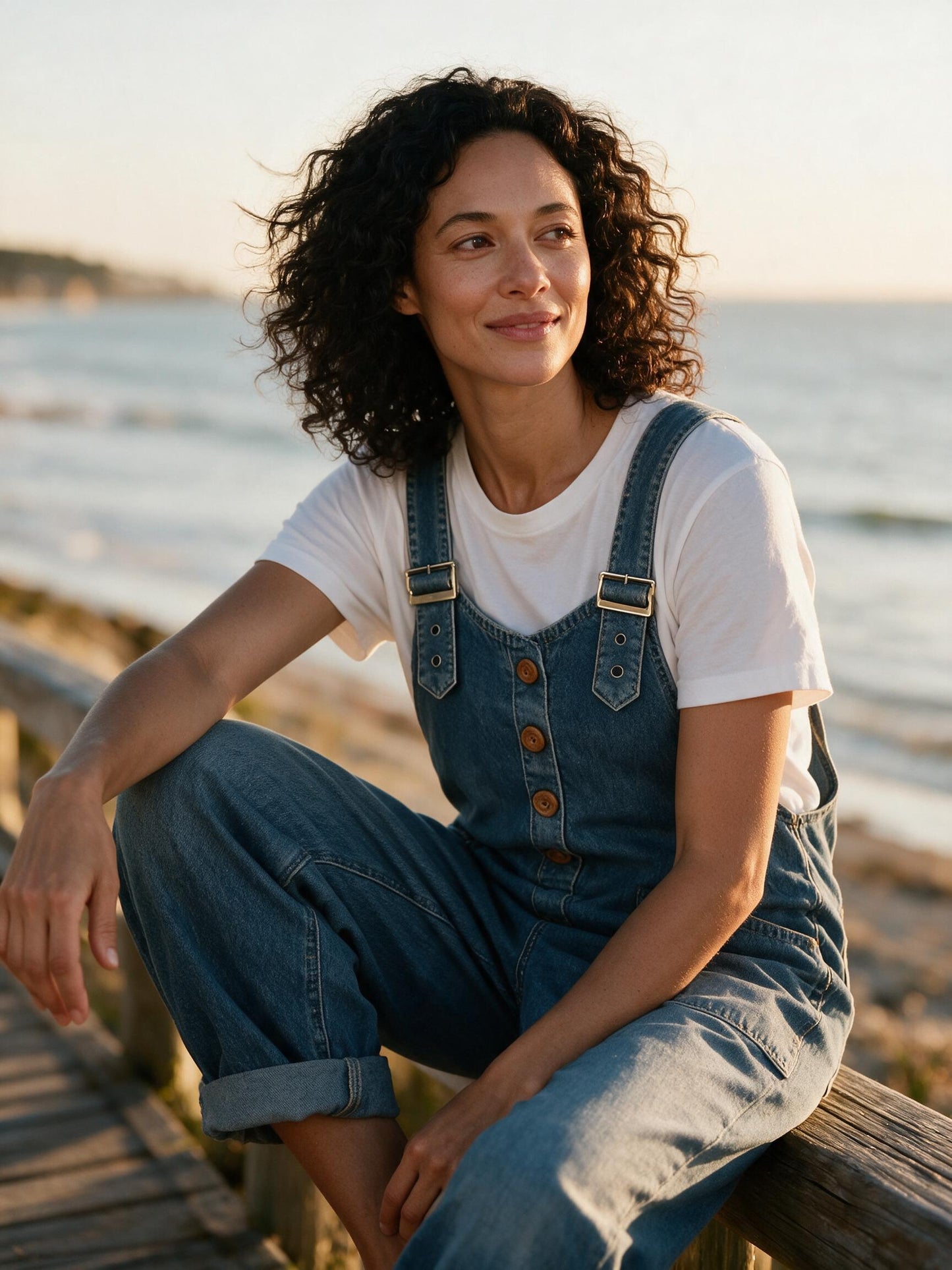 Woman sitting on a coastal boardwalk rail in the denim jumpsuit