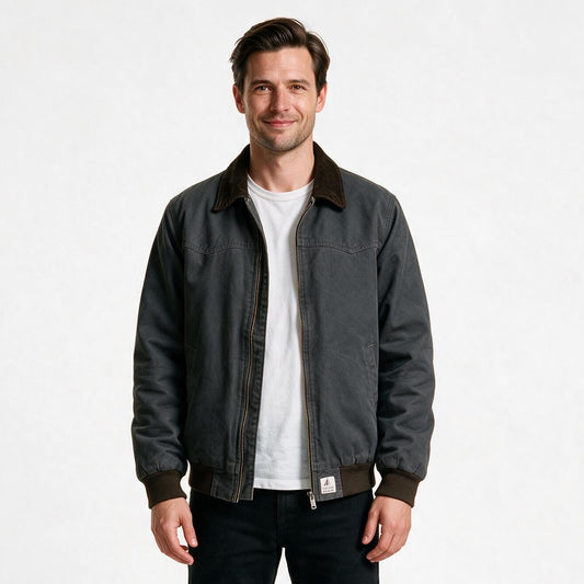 Men's cotton canvas work jacket in grey with brown corduroy collar, front view