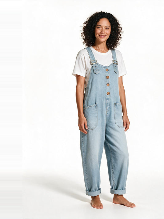 Vintage wash denim jumpsuit in light blue