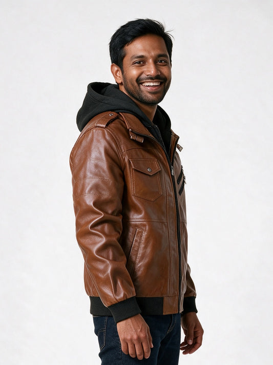 Ronan - Men's Hooded Biker Jacket with Double Zip - view 2
