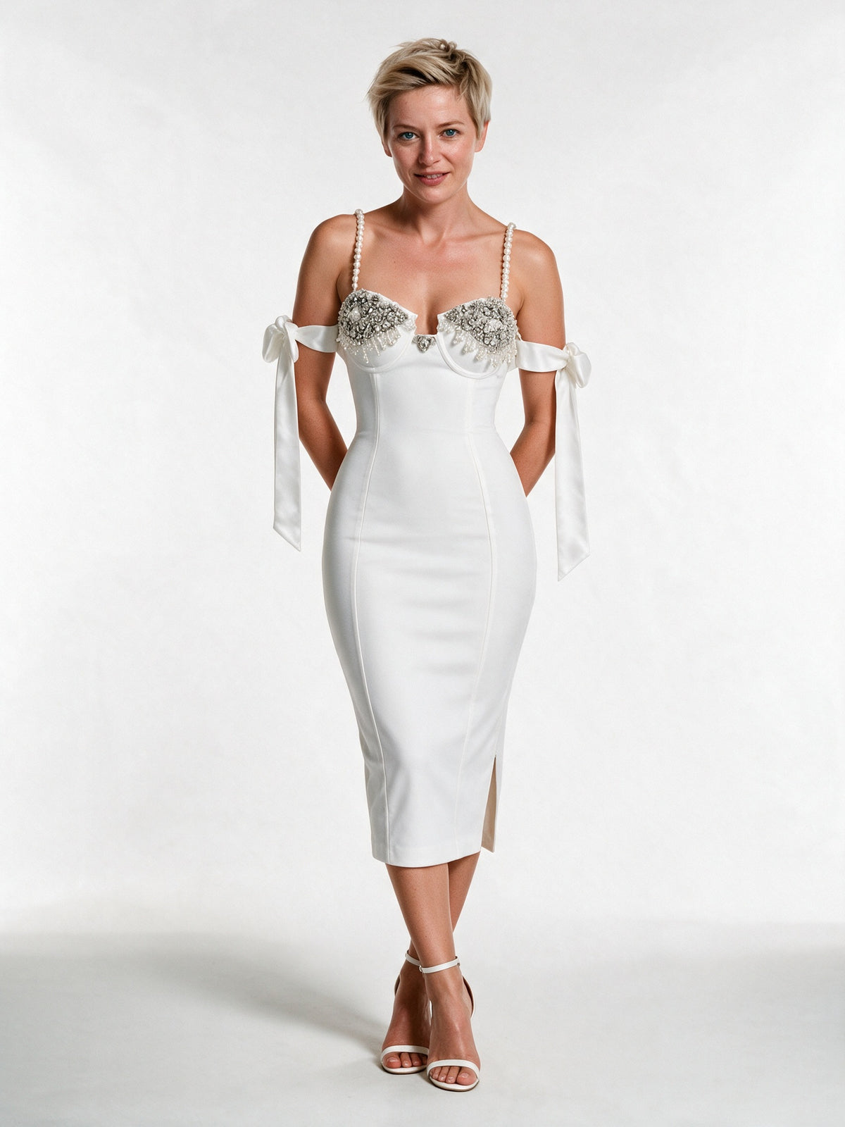 Rosalie - Women's Embellished Bodycon Midi Dress with Pearl Straps - White