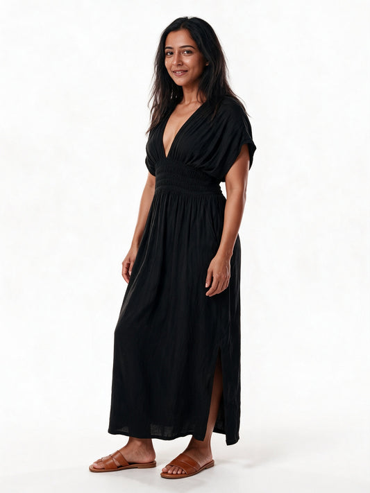 Saoirse - Women's Smocked Waist V-Neck Maxi Dress - view 2