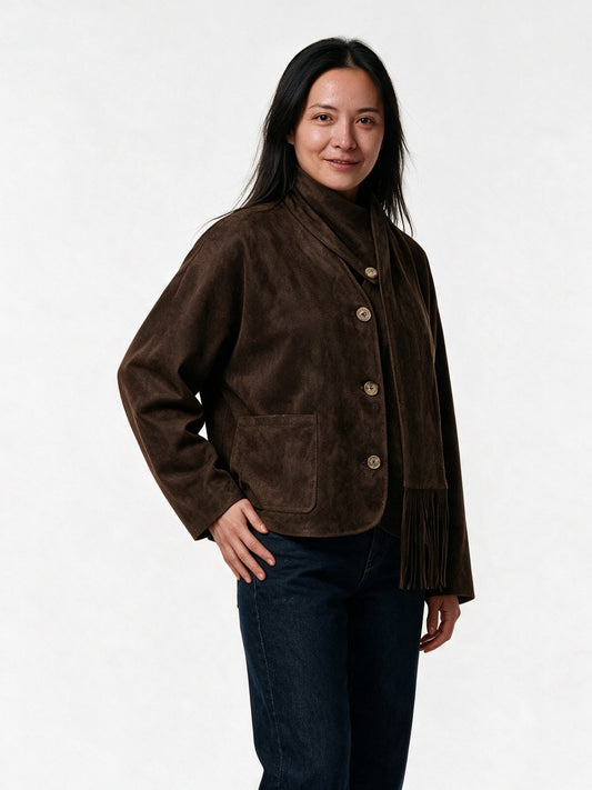 Talia - Women's Button Front Jacket with Detachable Fringe Scarf - view 2