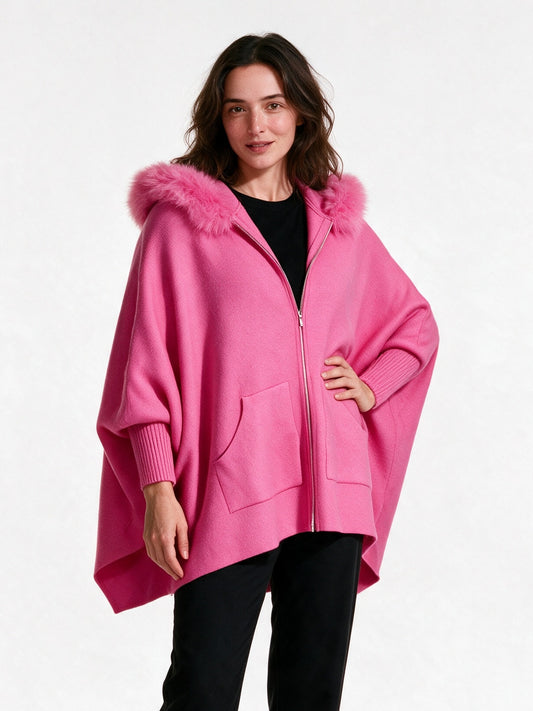 Theodora - Women's Oversized Hooded Zip Cape Coat - view 2