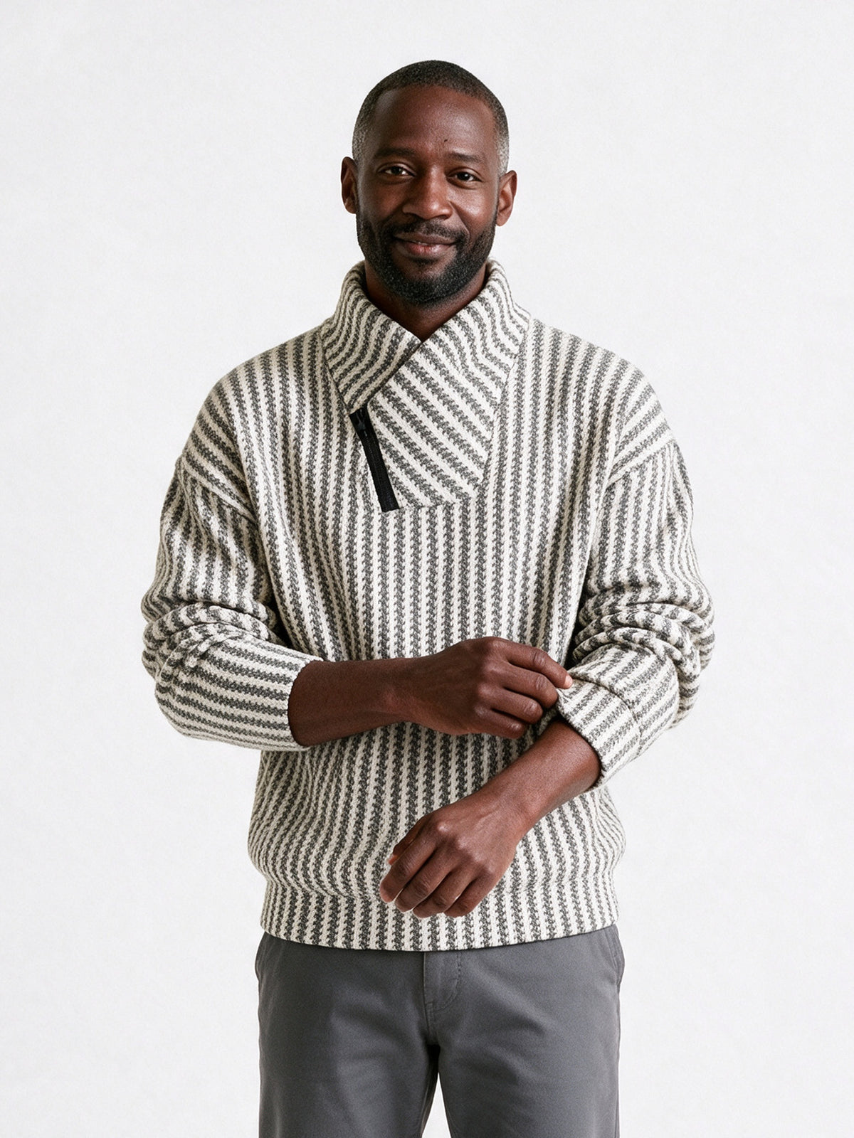Torben - Men's Textured Shawl Collar Zip Pullover - White