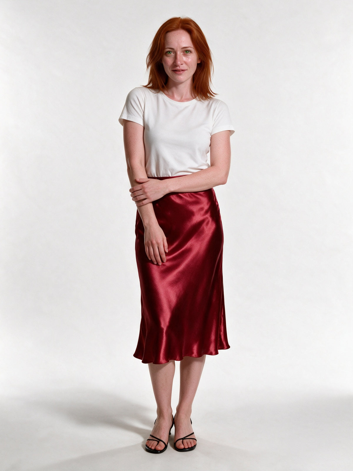 Veronica - Women's High Shine Midi Slip Skirt with Elastic Waist - Burgundy
