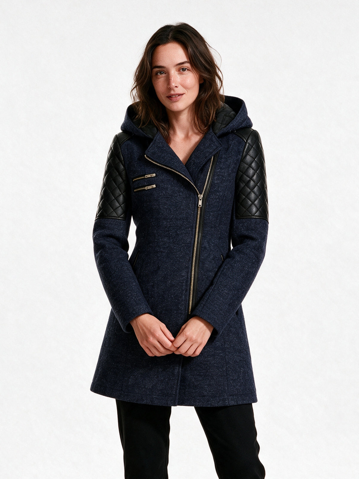 Vera - Women's Hooded Asymmetric Zip Coat with Quilted Shoulders - Navy