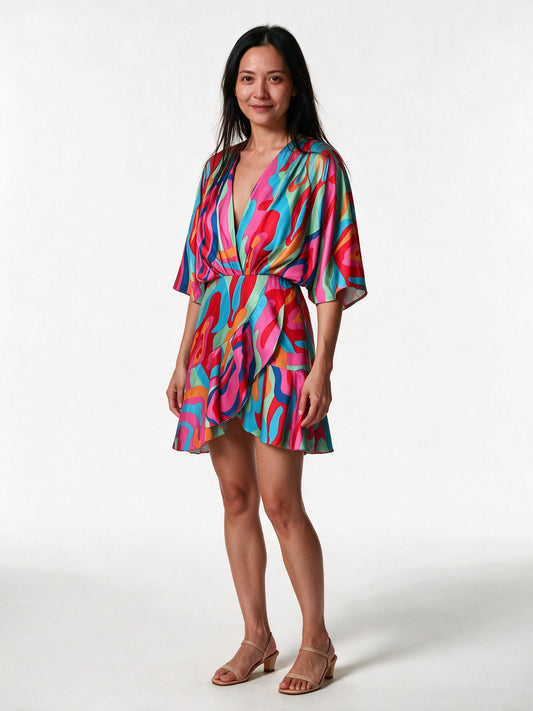 Ximena - Women's Printed Wrap Mini Dress with Batwing Sleeves - view 2