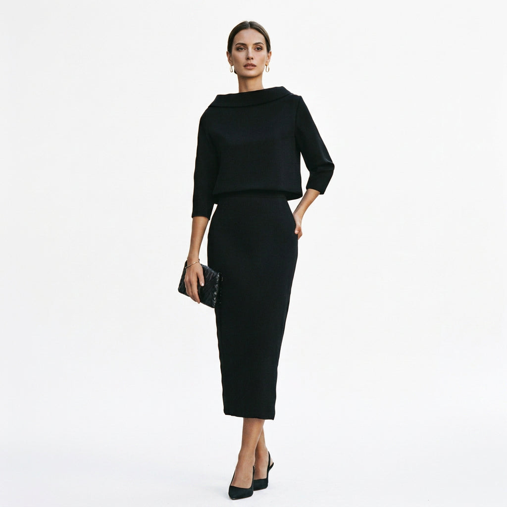 Calista - Elegant Boat Neck Top and Midi Skirt Set