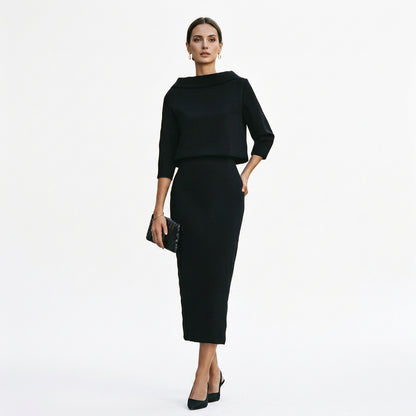 Calista - Elegant Boat Neck Top and Midi Skirt Set