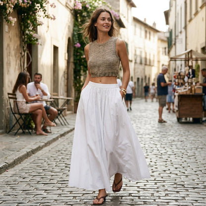Elise - Elegant White Cotton Pleated Maxi Skirt